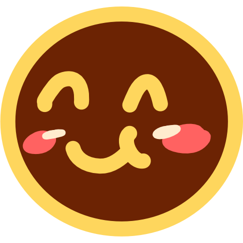 A simple brown face with yellow line art and a rounded cheek that indicates chewing is depicted using a curved line that connects to the faces smile.  The eyes of the face are upside down U’s and the face has pinkish blush with off white highlights.